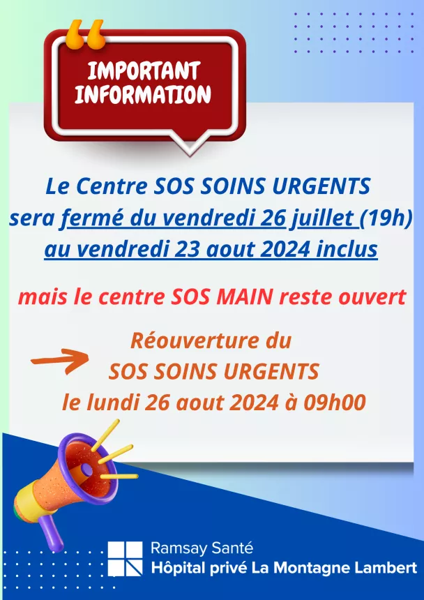 Fermeture SOS SOINS URGENTS ETE 2024